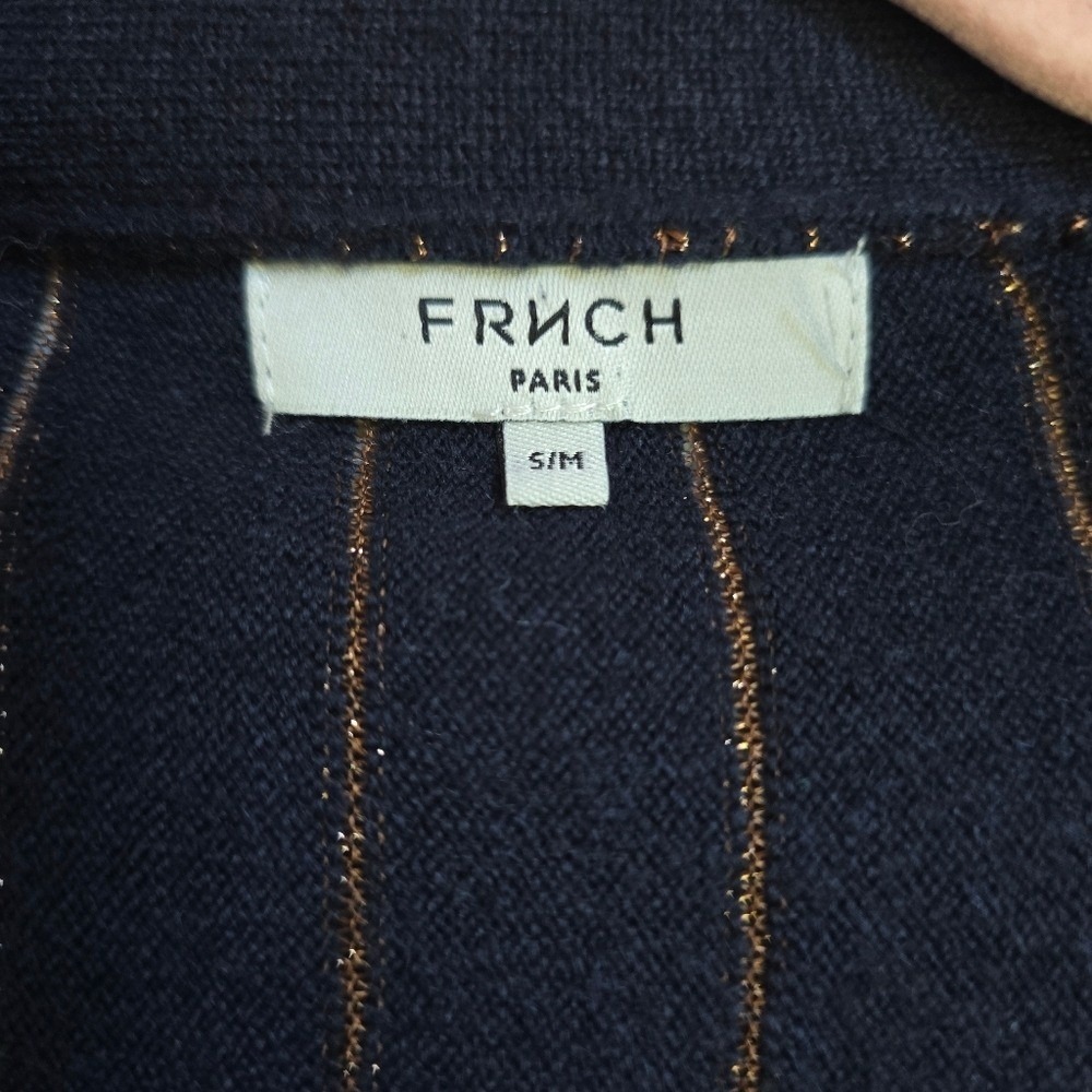 FRNCH Paris Navy Gold Shimmer Stripe Open Front Cardi Sweater SZ Medium Preppy - Picture 8 of 10